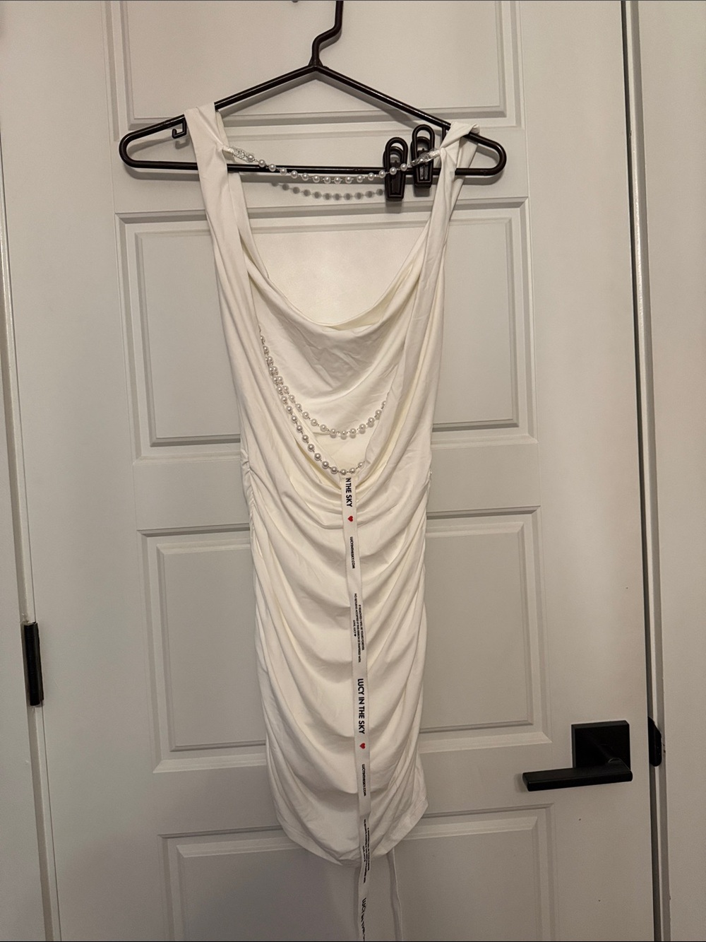 Lucy in the Sky White Draped Mini Dress with Pearl Chains